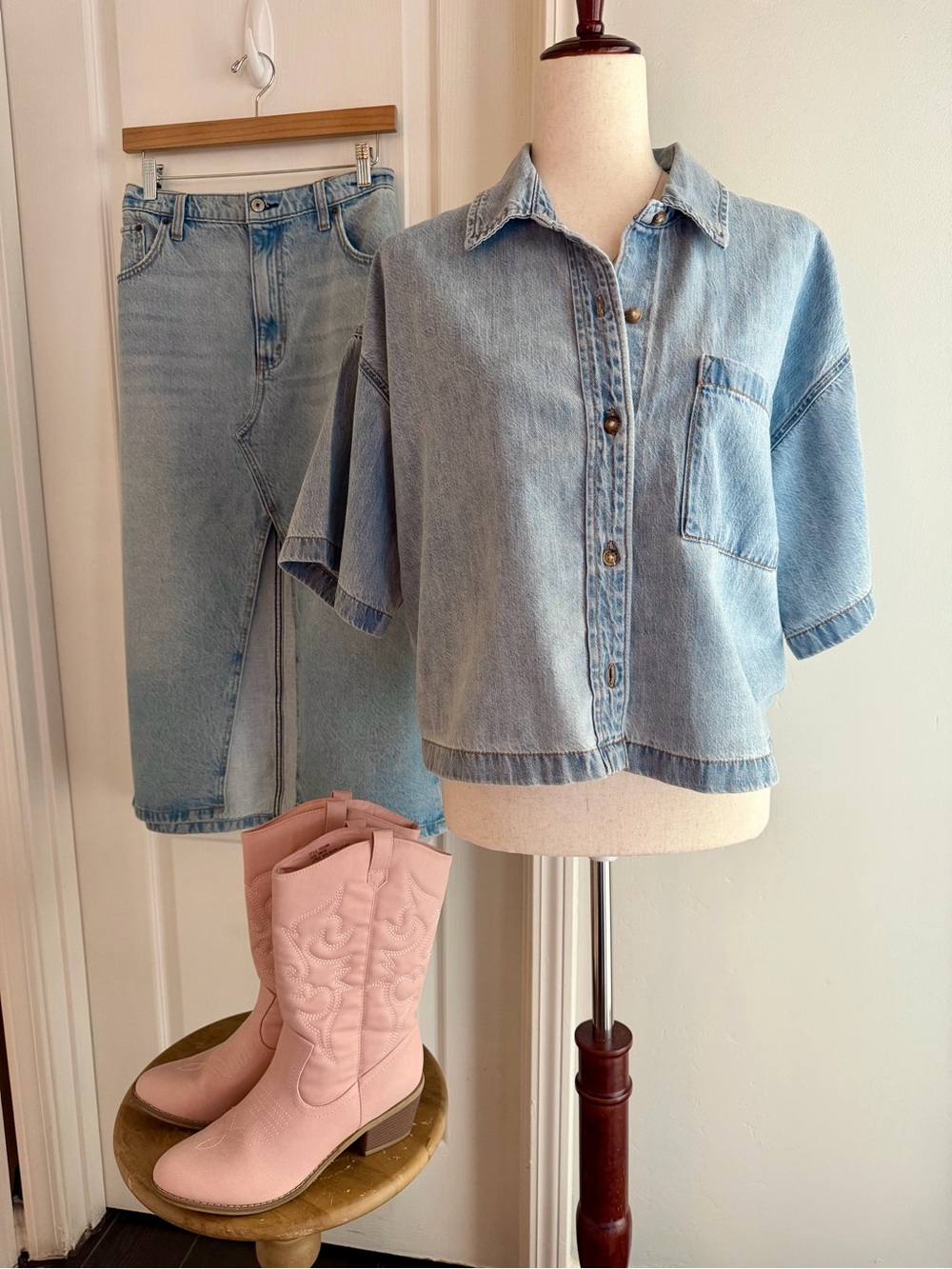 Abercrombie Matching Denim Skirt and Shirt Set Light Wash